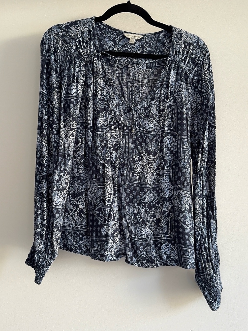 Lucky Brand Navy and White Paisley V-Neck Long Sleeve Blouse